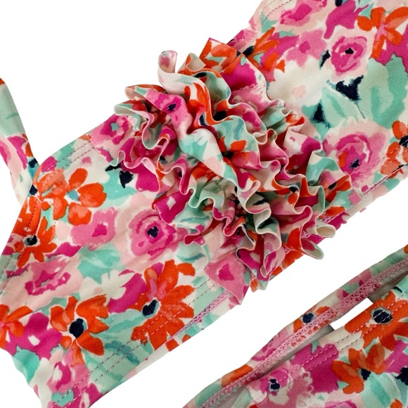 Janie & Jack Swimsuit Two Piece Floral Ruffle Size 4 Pink Orange Mint Green Blue - Picture 4 of 8